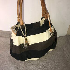 Brighton Nautical Striped Canvas & Leather Sailboat Fob Shoulder hobo Bag Purse